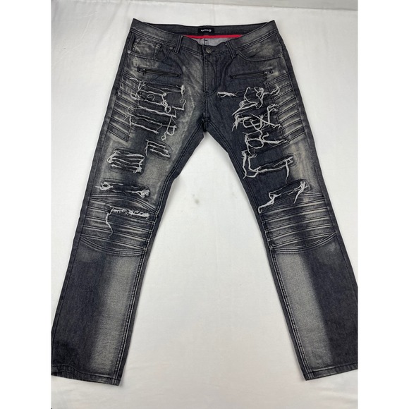 Makobi Other - Makobi Denim Co Distressed Moto Jeans Mens 36x32 Faded Black Biker Distressed